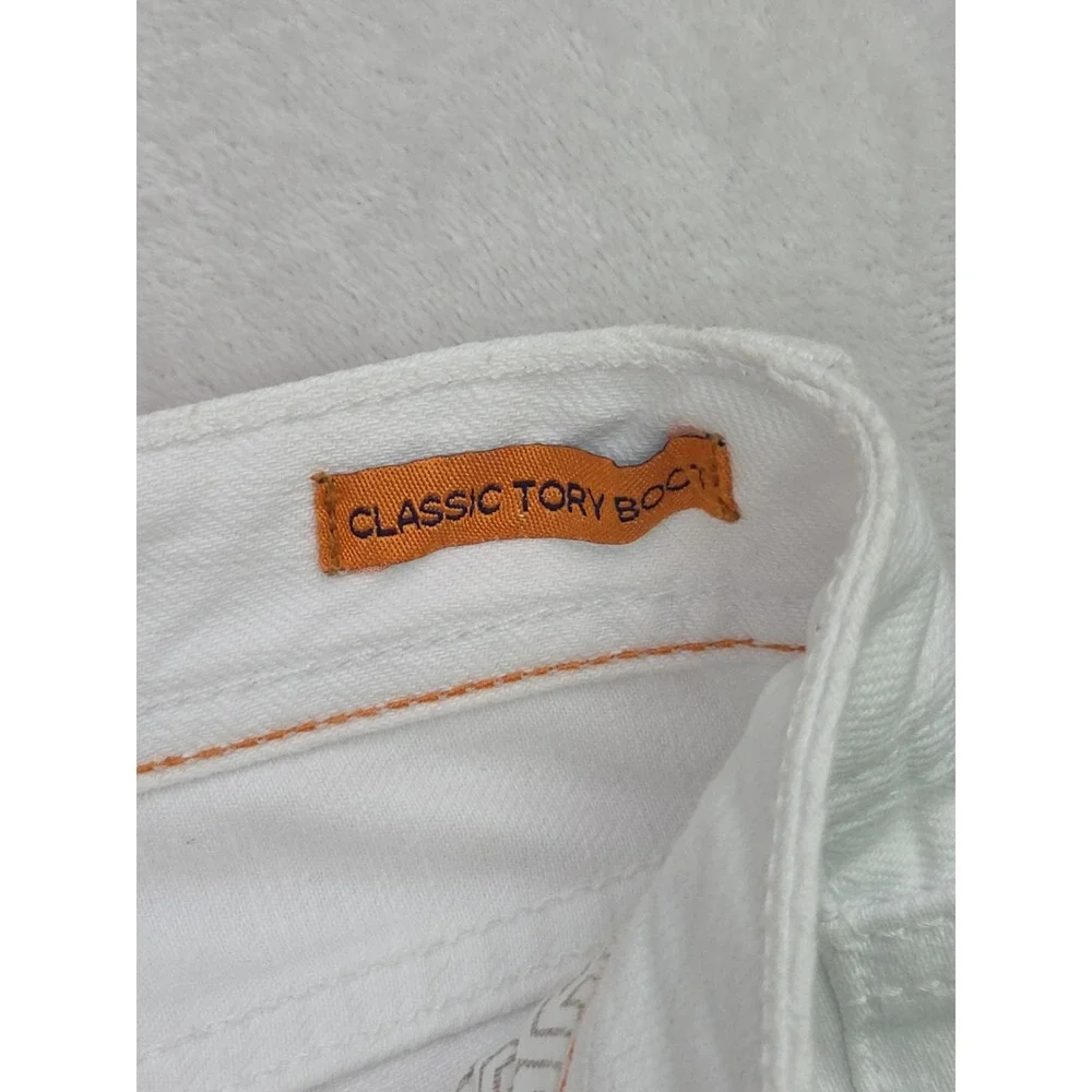 Tory Burch Classic Tory Boot Jeans Size 27 Logo Pocket Gold Button White Denim